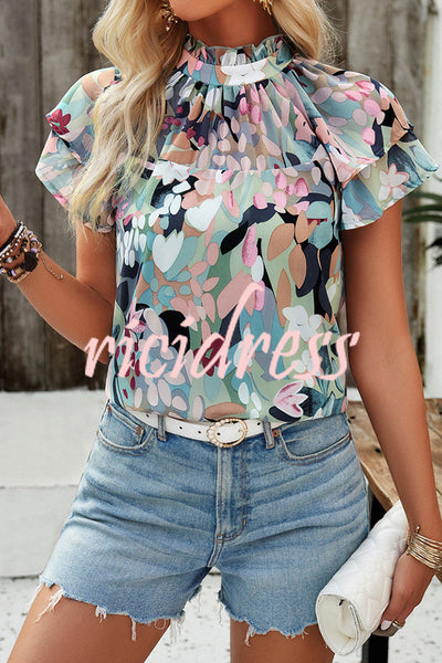 Floral Print Paneled Pleated Crew Neck Pullover Short Sleeved Top