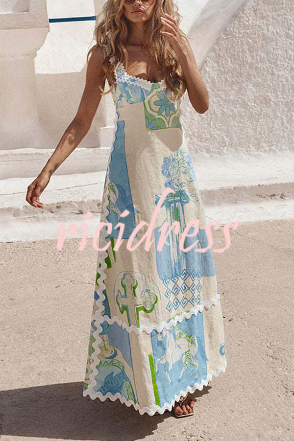 Darla Linen Blend Ric Rac Trims Unique Print Back Tie-up Maxi Dress