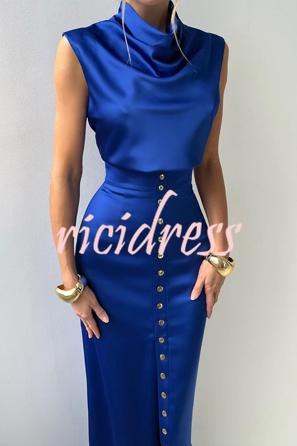 Solid Color Casual Sleeveless Crop Top and Elegant Button-down Maxi Skirt Set