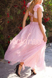 Wedding Dreams Chiffon Printed Flutter Sleeve Cutout Back Lace-up Maxi Dress