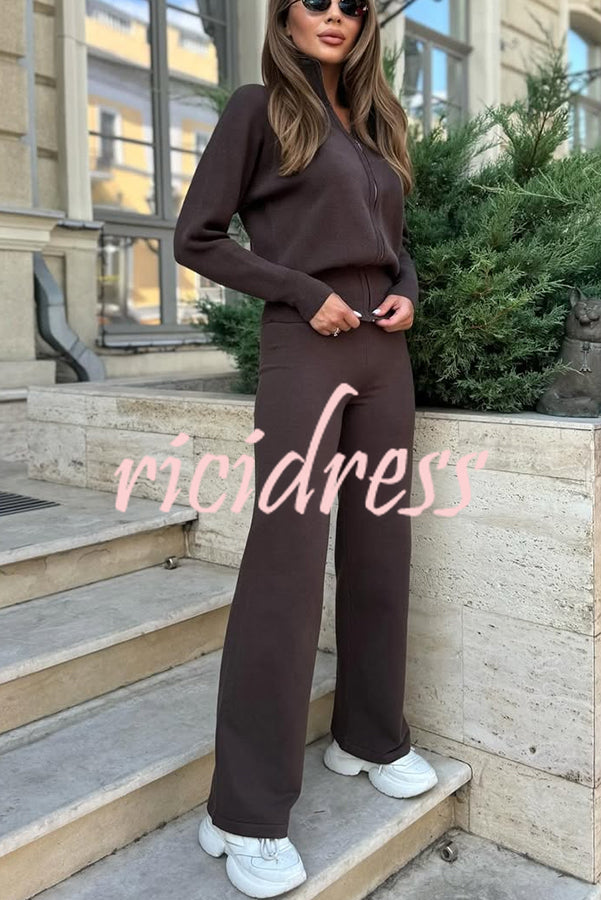 Cozycore Knit Zipper Long Sleeve Cardigan and Stretch Wide Leg Pants Set