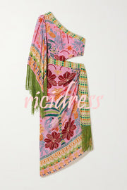 Fruits Queen Unique Print One Shoulder Fringe Detail Scarf Midi Dress