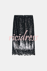 City Queen Sequin Tassel Round Pieces High Rise Back Zipper Midi Skirt