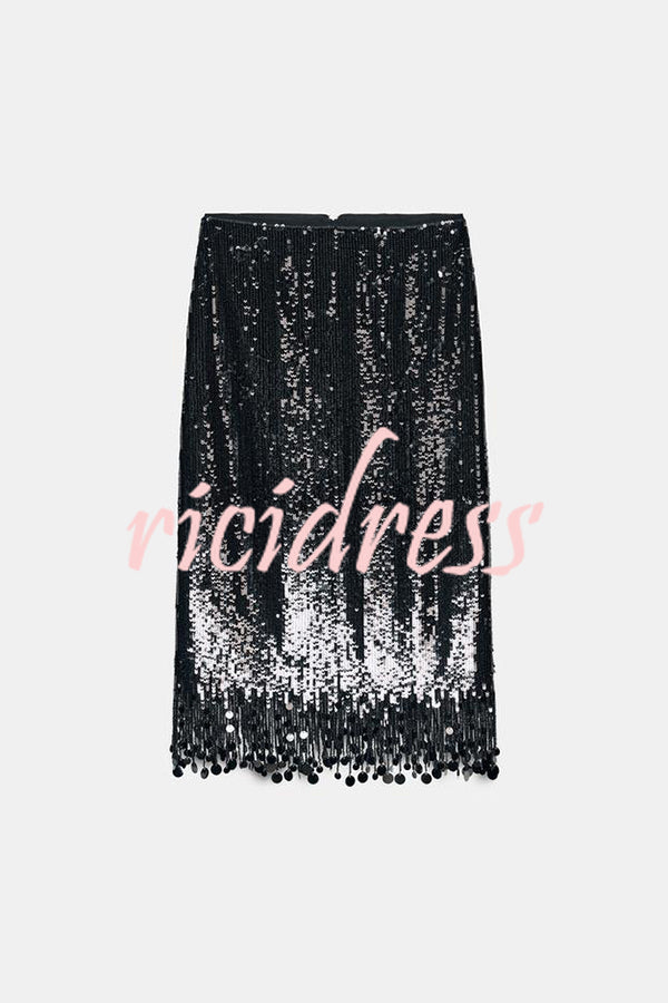City Queen Sequin Tassel Round Pieces High Rise Back Zipper Midi Skirt