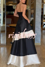 Vivian Satin Contrast Color Sweetheart Bandeau Neck Pocket Layered Maxi Dress