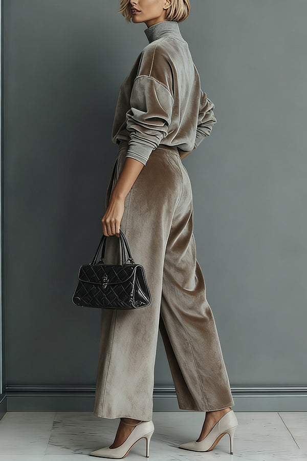 Stylish Velvet Turtleneck Long-sleeved Top and Casual Pocket Wide-leg Pants Set