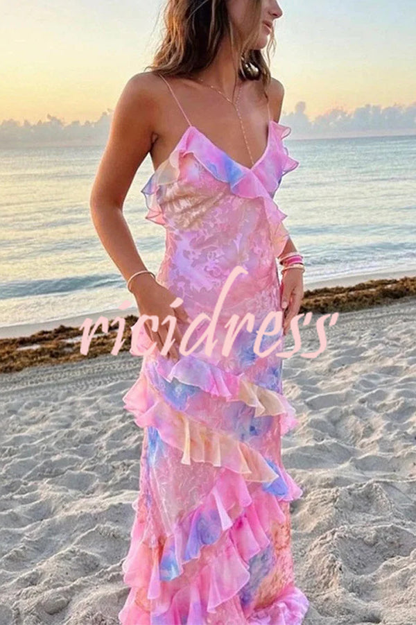 Multicolor Tie-dye Sexy Backless Wave-hem Strap Maxi Dress