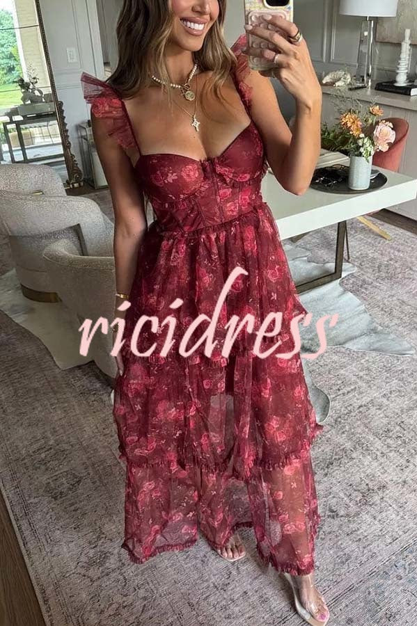 Romantic and Elegant Mesh Floral Back Smocked Tiered Ruffle Maxi Dress