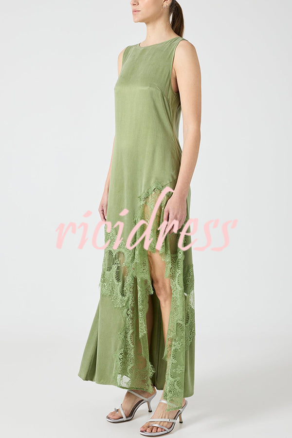 Pretty Soul Satin Lace Trim Wide Neck Irregular Hem Slit Maxi Dress