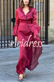 Lily Chiffon Bow Detail Puff Sleeve Blouse and Elegant Layered Maxi Skirt Set