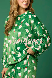 Christmas Printed Crew Neck Long Sleeve Top and Elastic Waist Loose Pants Set