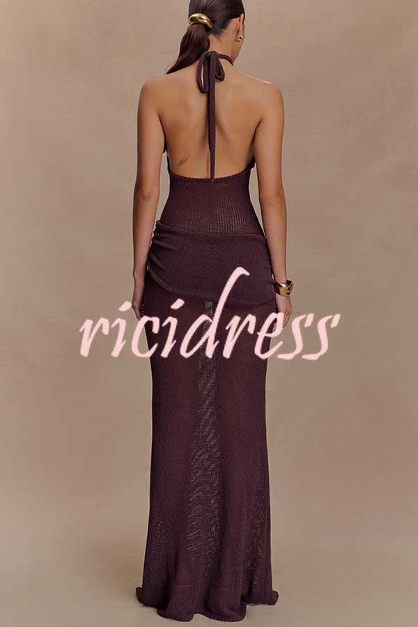 Quiet Confidence Knit Ruched Hip Halter Backless Stretch Maxi Dress