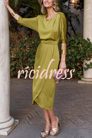 Satin Solid Color Round Neck Half Sleeve Waist Midi Dress