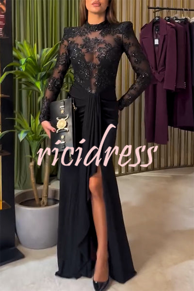 Fenna Sheer Floral Sequin Shoulder Pads Long Sleeve Drape Slit Maxi Dress