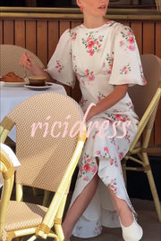 City Life Satin Floral Print Bell Sleeve Fitted Silhouette Maxi Dress