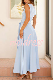 Solid Color Sloped Collar Slim Fit Waist Lace Up Full Hem Maxi Dress