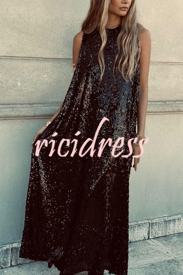 Twas The Night Sequin Round Neck Sleeveless Drape Loose Maxi Dress