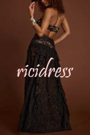 A Girls' Trip Lace High Neck Cutout Drop Waist Ruffles Maxi Dress