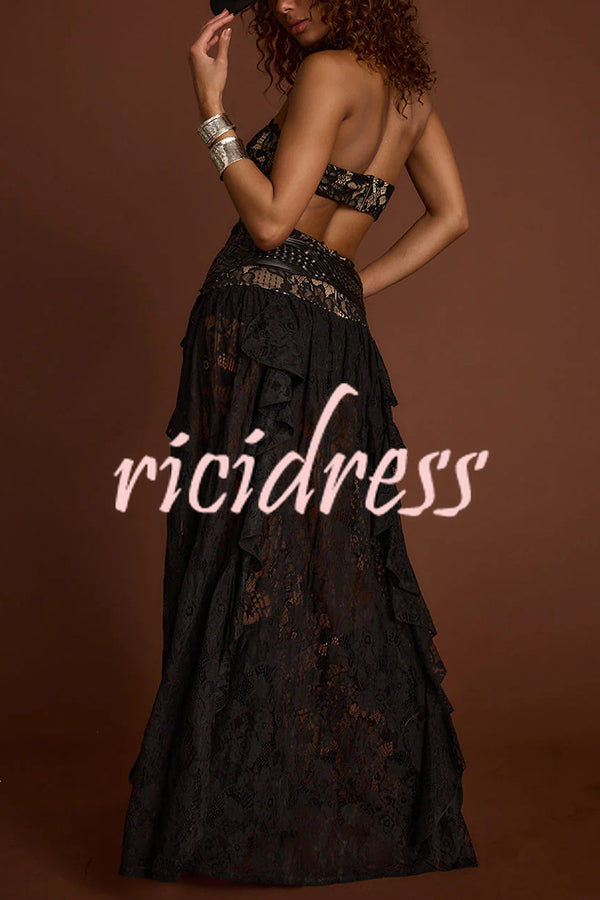 A Girls' Trip Lace High Neck Cutout Drop Waist Ruffles Maxi Dress