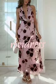 Rose Secret Printed Cowl Neck Halter Backless Maxi Dress