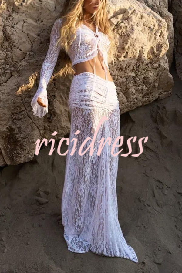 Sexy Lace Long-sleeve Lace-up Top and Pleated Sheer Maxi Skirt Set