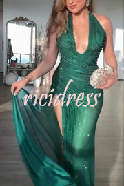 Edeita Sequin Pleated Design Deep Halter U-neck Slit Drape Gown Maxi Dress