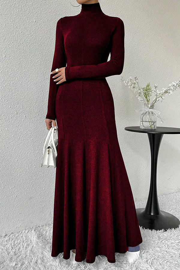 Solid Color High-neck Long-sleeved Slim-fit Fishtail Elegant Maxi Dress