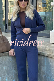 Cozycore Knit Zipper Long Sleeve Cardigan and Stretch Wide Leg Pants Set