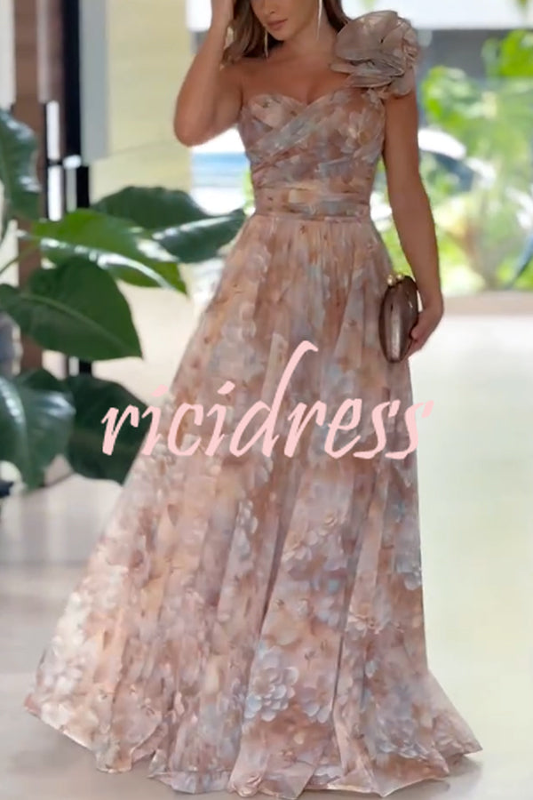 Romantic Ball Chiffon Floral One-shoulder Pleated Design Back Lace-up Gown Maxi Dress