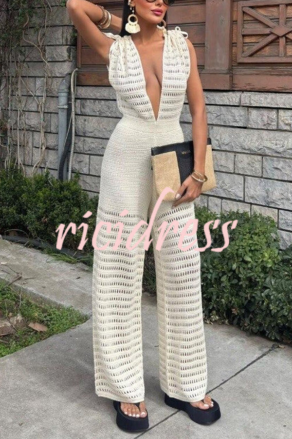 Solid Color Knitted V-neck Holiday Hollow Casual Jumpsuit