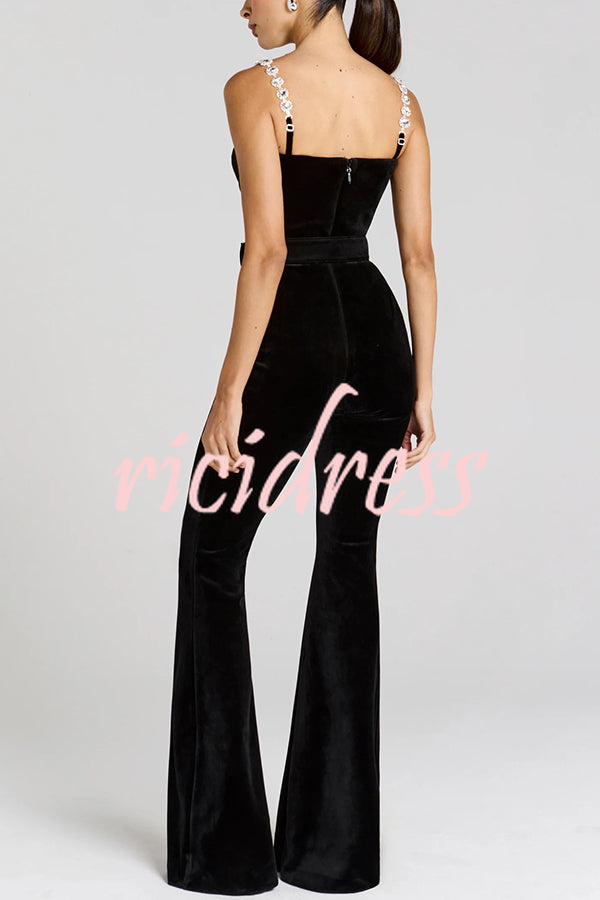 Eliza Luxurious Velvet Fabric Jewel-embellished Shoulder Straps Belted Flare Jumpsuit