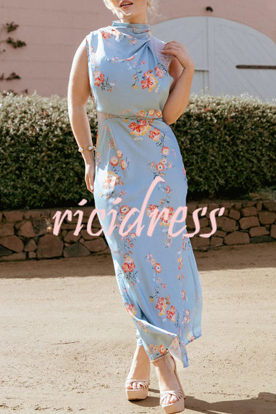Anabelle Satin Lace Detail Floral Print High Cowl Neck Maxi Dress