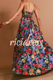 Garden Wedding Floral Print Back Tie-up Pocketed Slit Maxi Dress