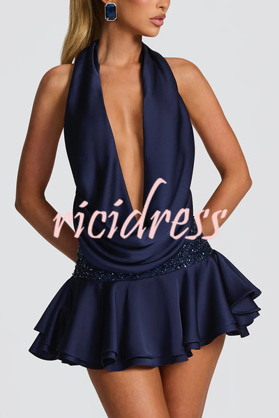 Lara Satin Halter Cowl Neck Bodysuit and Mid-rise Embellished Waistband Layered Hem Skort Set