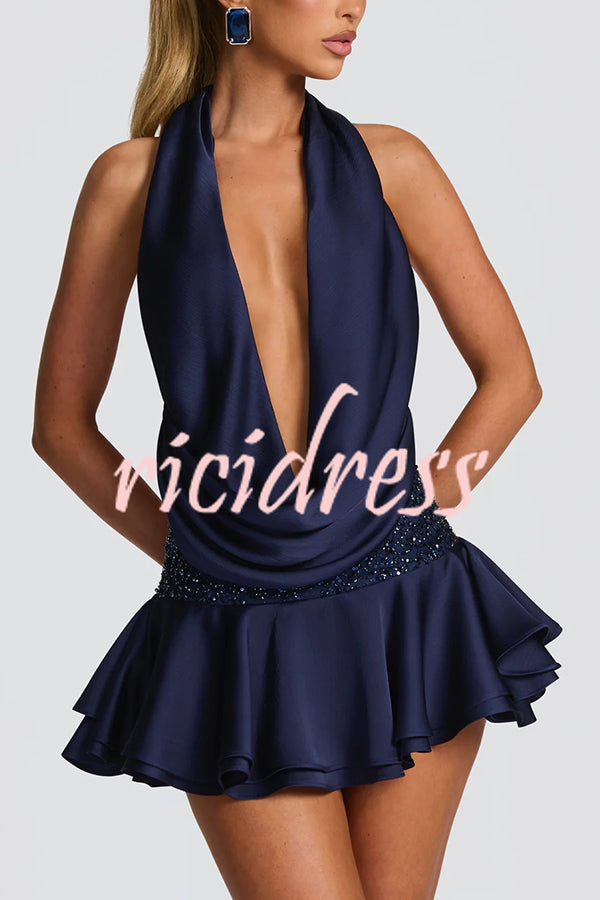 Lara Satin Halter Cowl Neck Bodysuit and Mid-rise Embellished Waistband Layered Hem Skort Set