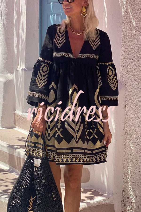 Unique Gold Printed V-neck Bell Sleeve Mini Dress