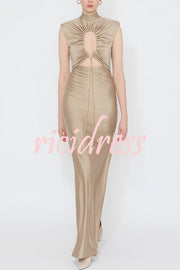 Genis Hollow Elastic Bust High Neck Sleeveless Gathered Maxi Dress