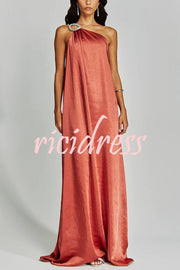 Charming Glance Satin Metal Hardware One Shoulder Loose Maxi Dress