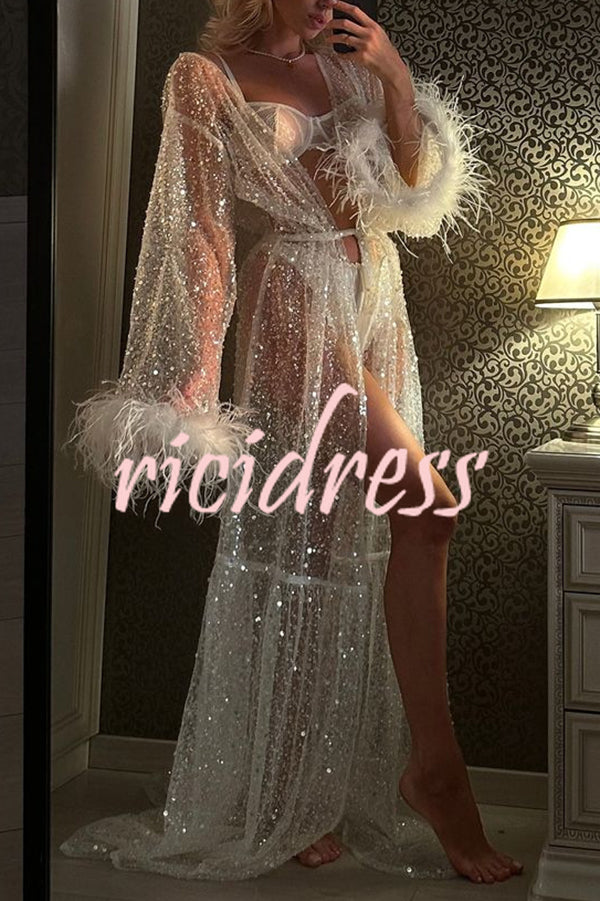 Fashionable Sequined Feather Long-sleeved Vacation Loose Extra-long Sun Protection Cover-up