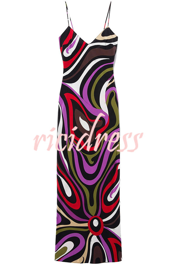 Love in Venice Unique Print V-neck Slit Slip Maxi Dress