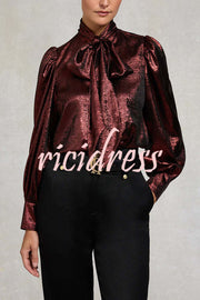 Ariella Metallic Satin Fabric Tie-up Bow Neck Long Sleeve Blouse