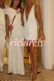 Cocktail Charm Sequin Colorblock Trim V-neck Sleeveless A-line Mini Dress