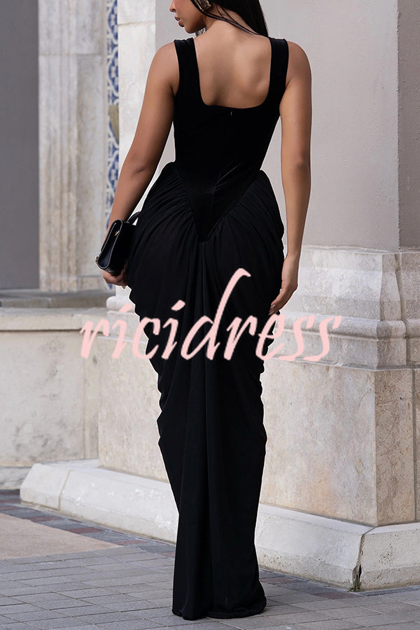 Fashionable Velvet Patchwork Square Neck Sleeveless Draped Maxi Dress