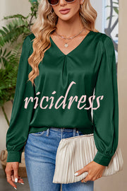 Satin Pleated V-neck Long-sleeved Loose Shirt