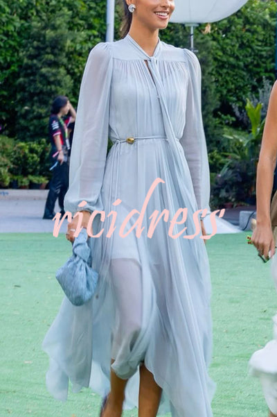Elegant and Graceful Tie-up Neck Long Balloon Sleeve Handkerchief Midi Dress