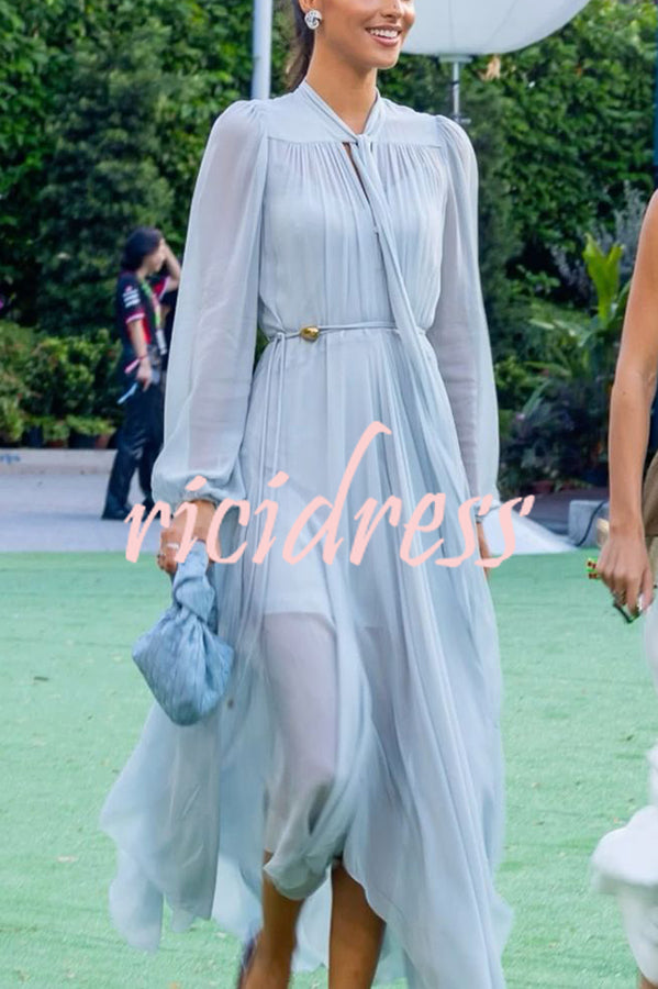 Elegant and Graceful Tie-up Neck Long Balloon Sleeve Handkerchief Midi Dress