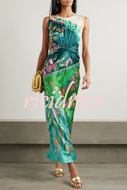 Gwen Satin Unique Print Round Neck Twisted Waist Maxi Dress