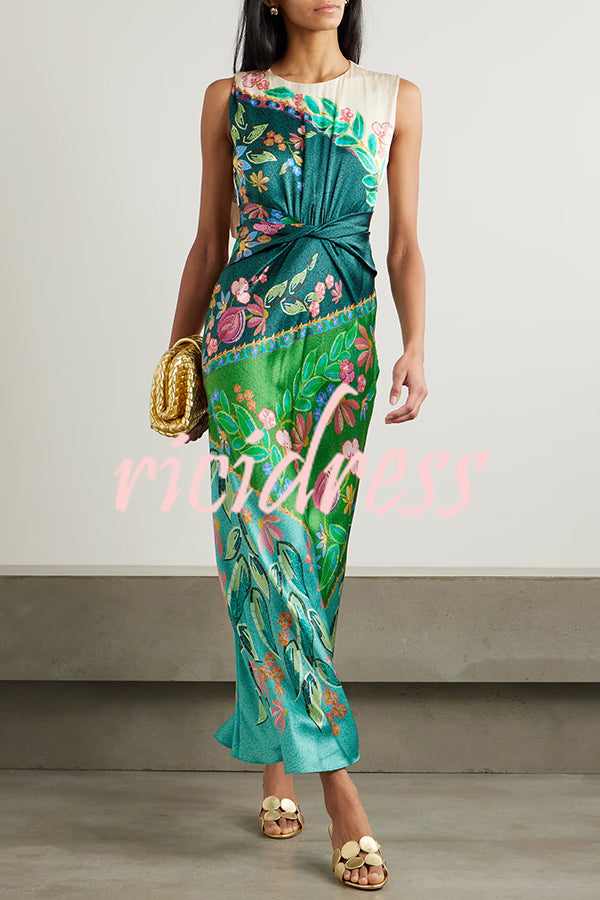 Gwen Satin Unique Print Round Neck Twisted Waist Maxi Dress