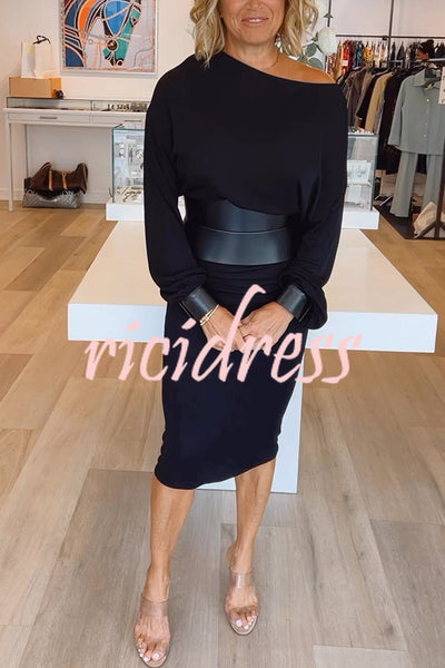 Winston Faux Leather Patchwork Wide Belt Design One Shoulder Stretch Midi Dress