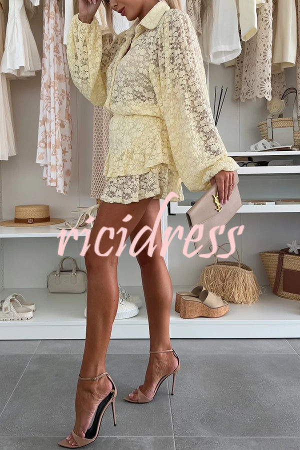 Nicola Lace Long Balloon Sleeve Blouse and Elastic Waist Layered Skort Set